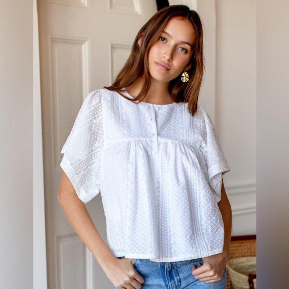 Emerson Fry Tops - Emerson Fry Marion Blouse White Embroidered Flutter Sleeve Large